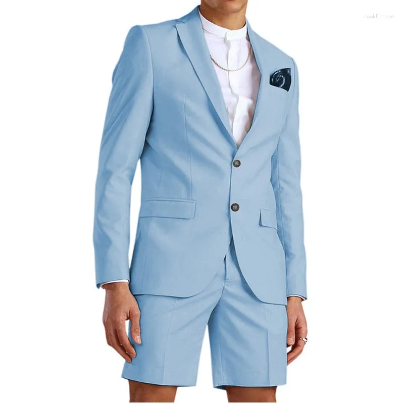 Herrenanzüge lässiger Sommer hellblauer Anzug mit kurzen Hosen 2 Stück Bräutigam Strandtuxedos für Hochzeit männlichen Mode Blazer 2024