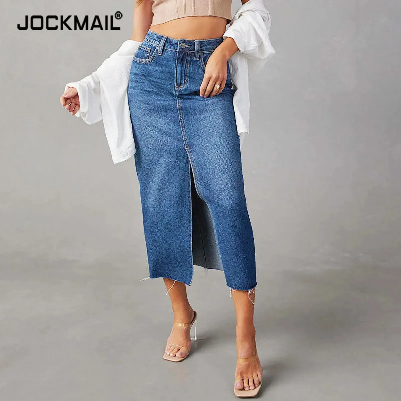 Salia de jeans de jeans dividida feminino Saias de minimalismo para mulheres de streetwear wasit jean feminina longa moda esqui 240424