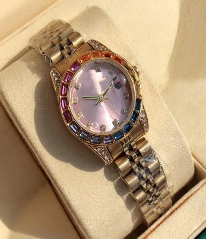 Womans Classic Pink Watch 28mm Lady Diamond Regenbogen Blünde Armbanduhren Quarz Bewegung Outdoors Sport Festival Geschenk WASGERFORTE WAT4984583