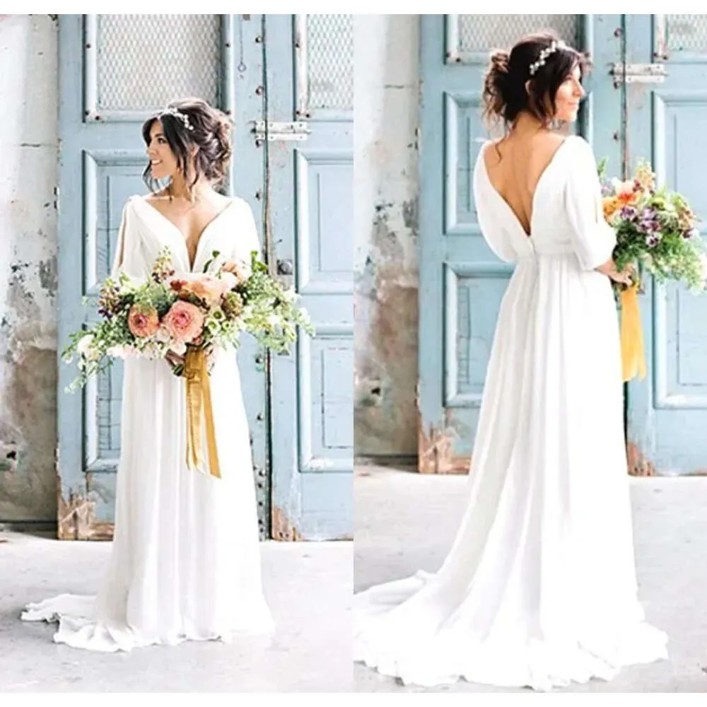 V Nece Dresses Sexy Backless Greek Goot De Mariage Bohemian Beach Bride с рукавами загородное свадебное платье