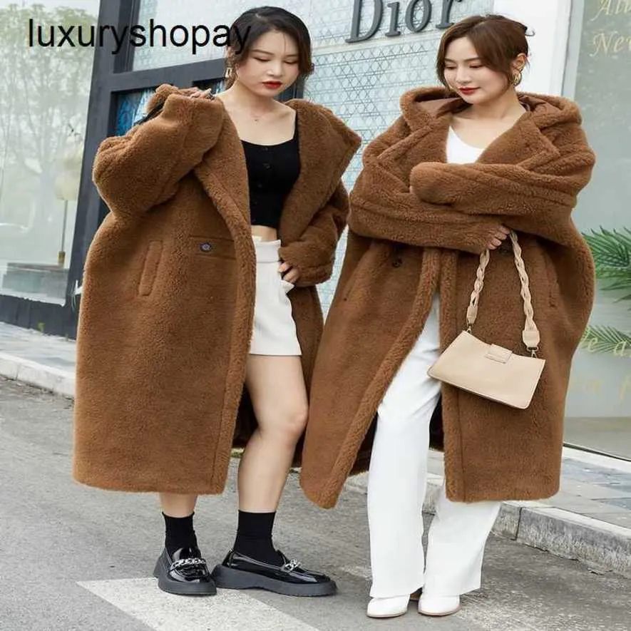 Maxmaras Coat Teddy Bear Womens Cashmere Coats ull vinter 2024 Huva Midlängd full päls koreansk version lös och förtjockad w