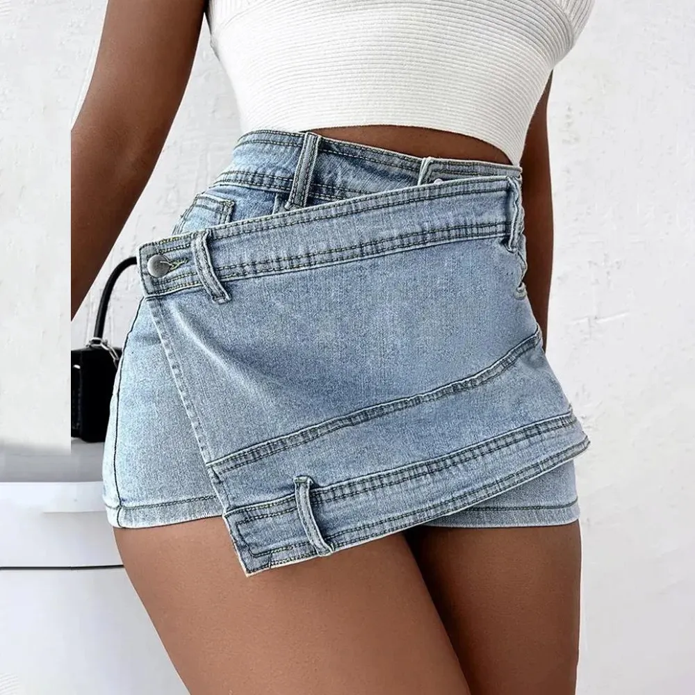 Aline High midja oregelbunden denim shorts kvinnor kläder för sommaren smal mode sexig y2k gröda solid streetwear koreanska byxor 240416