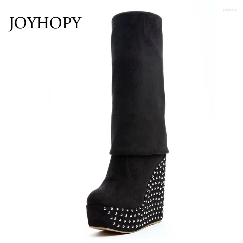 Boots JOYHOPY Autumn Winter Over The Knee Women Wedges Platform Thigh High Rivet Woman Heel Thin Leg Stretch