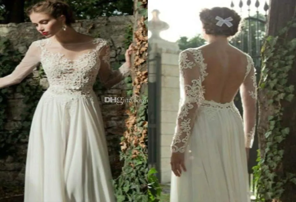 2019 chiffon lace summer collection sheer wedding dresses long sleeves bateau backless floor length beach dresses cheap 7669493