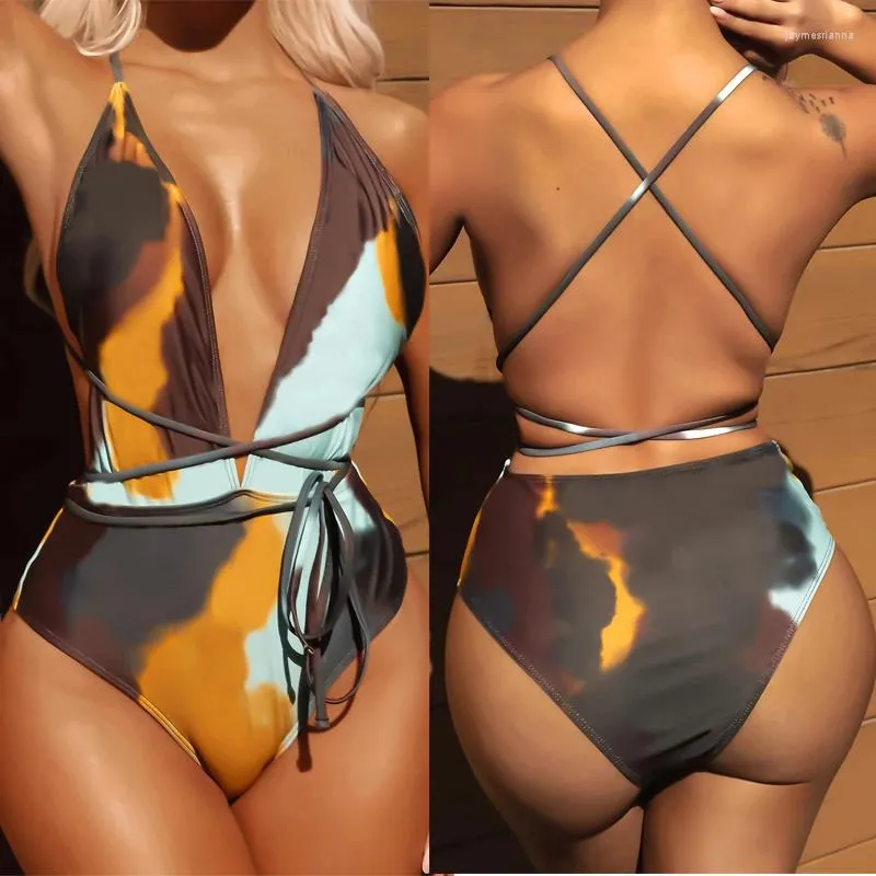 Kvinnors badkläder Bikini Kvinnor i ett stycke brunt slipsfärgad baddräkt Deep V Neck Wrap Arround Bandage Cross Monokini Baddräkt