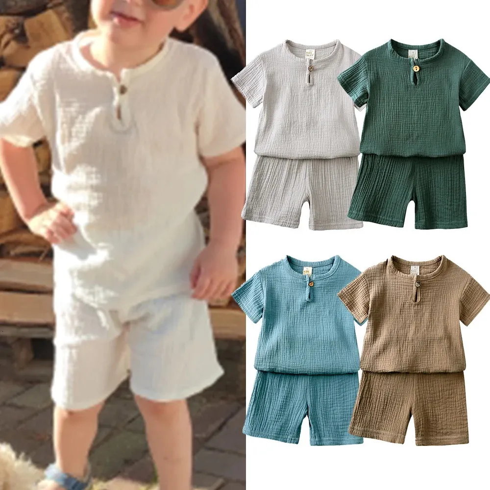 2024 Toddler Summer Boy Girl Outfits Cotton Linen T-shirt solide Short Vêtements pour enfants coréens Casual Breathable Clothes Set 240426