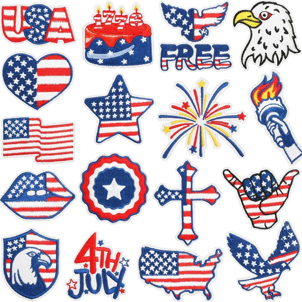 Independence Day Iron on Patches 4 de julho de julho Patriótico Bordado Sew Applique Repapo Reparo American Flag Diy Crafts for Roupas Jeans Dress Dress Backpack Chap