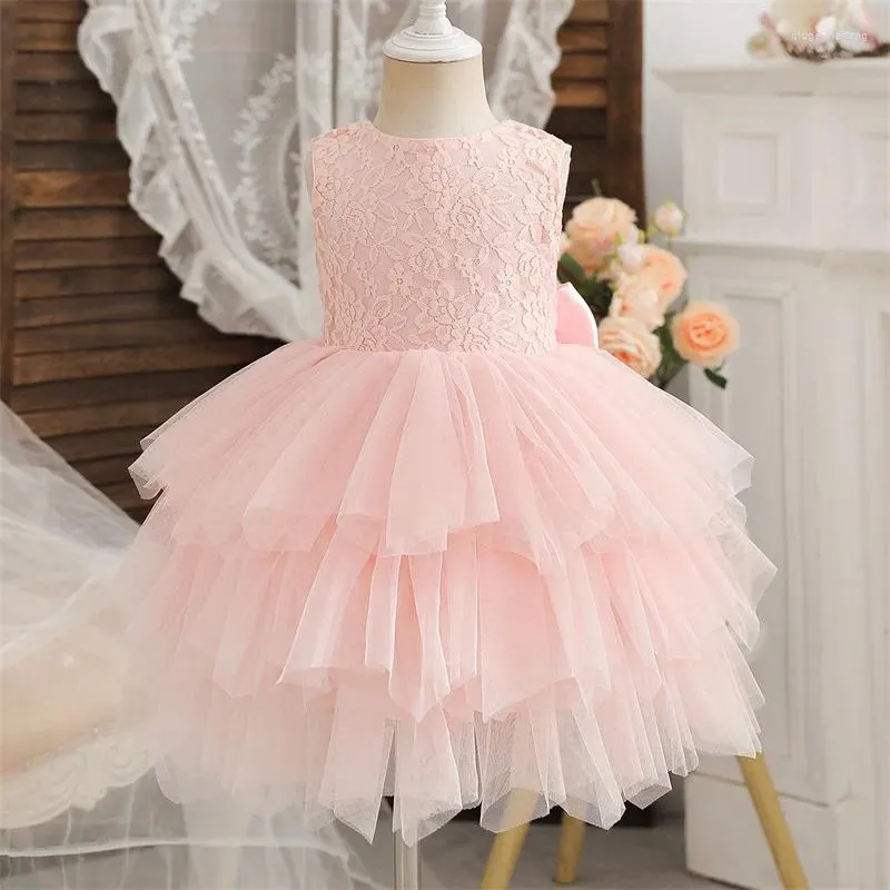 Mädchenkleider süße rosa flauschige Prinzessin Geburtstag Kostüm Spitze Blume Weihnachtskleid Casual Wear Kinder Tüll Kleidung 2-6T