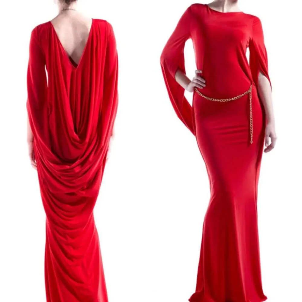 Evening Back Red Sexy Open Dresses For Women Spring Autumn Chic Ruched Long Sleeve Mermaid Prom Celebrity Party Gowns Floor Length Elegant Special Ocn Wear