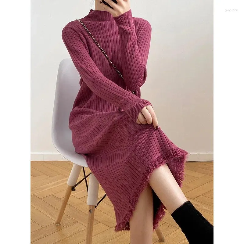 Casual Dresses Half Turtleneck Sticked Long Sweater Dress 2024 Autumn Winter Women's Solid Thick Loose Simple Lady Streetwear