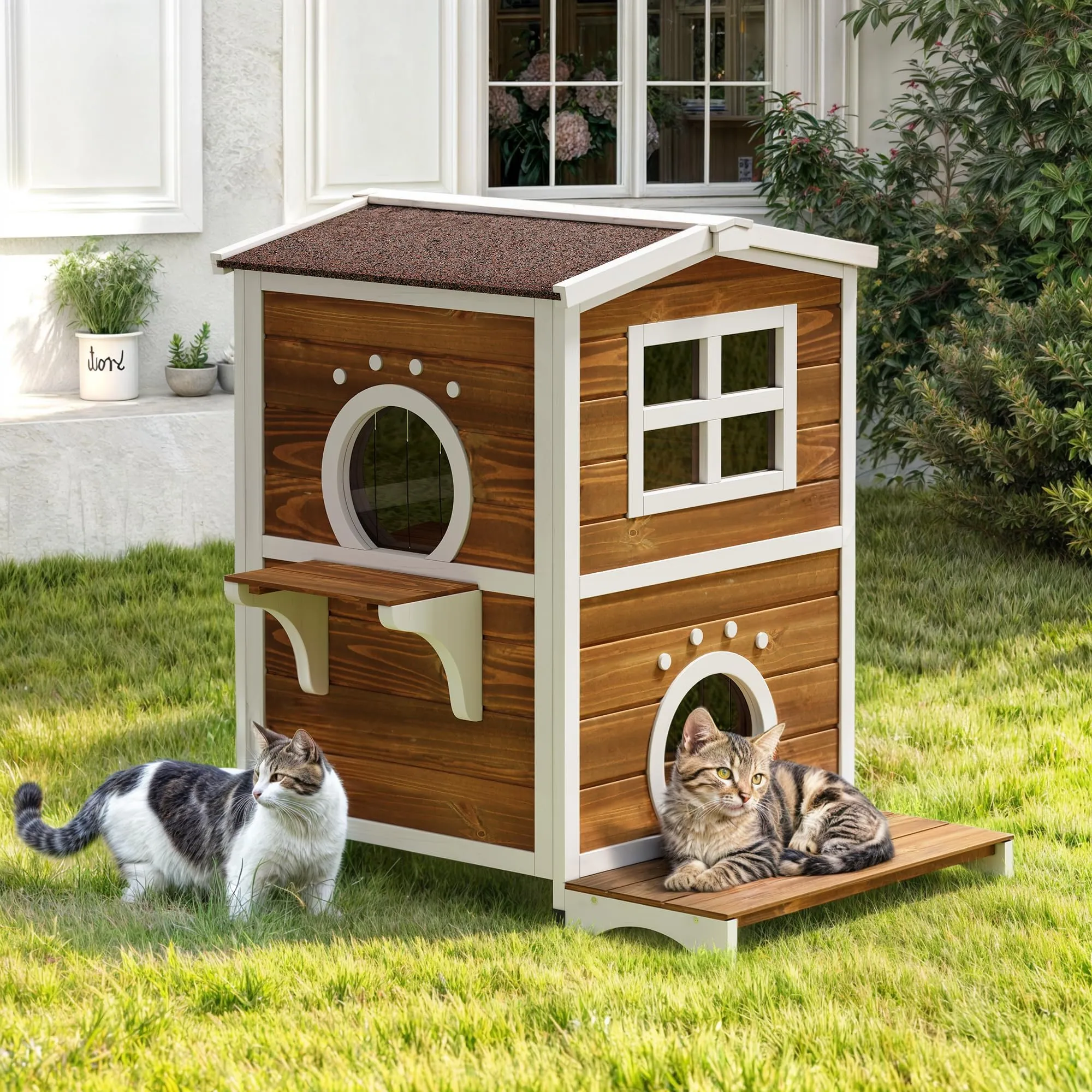 Tucker Murphy Pet Outdoor Cat House, Wooden Two-Story Feral Cat Shelter Outside, Weatherproof Kitty Home With 3 Escape Doors, Window And Removable Floors, Cat Condo