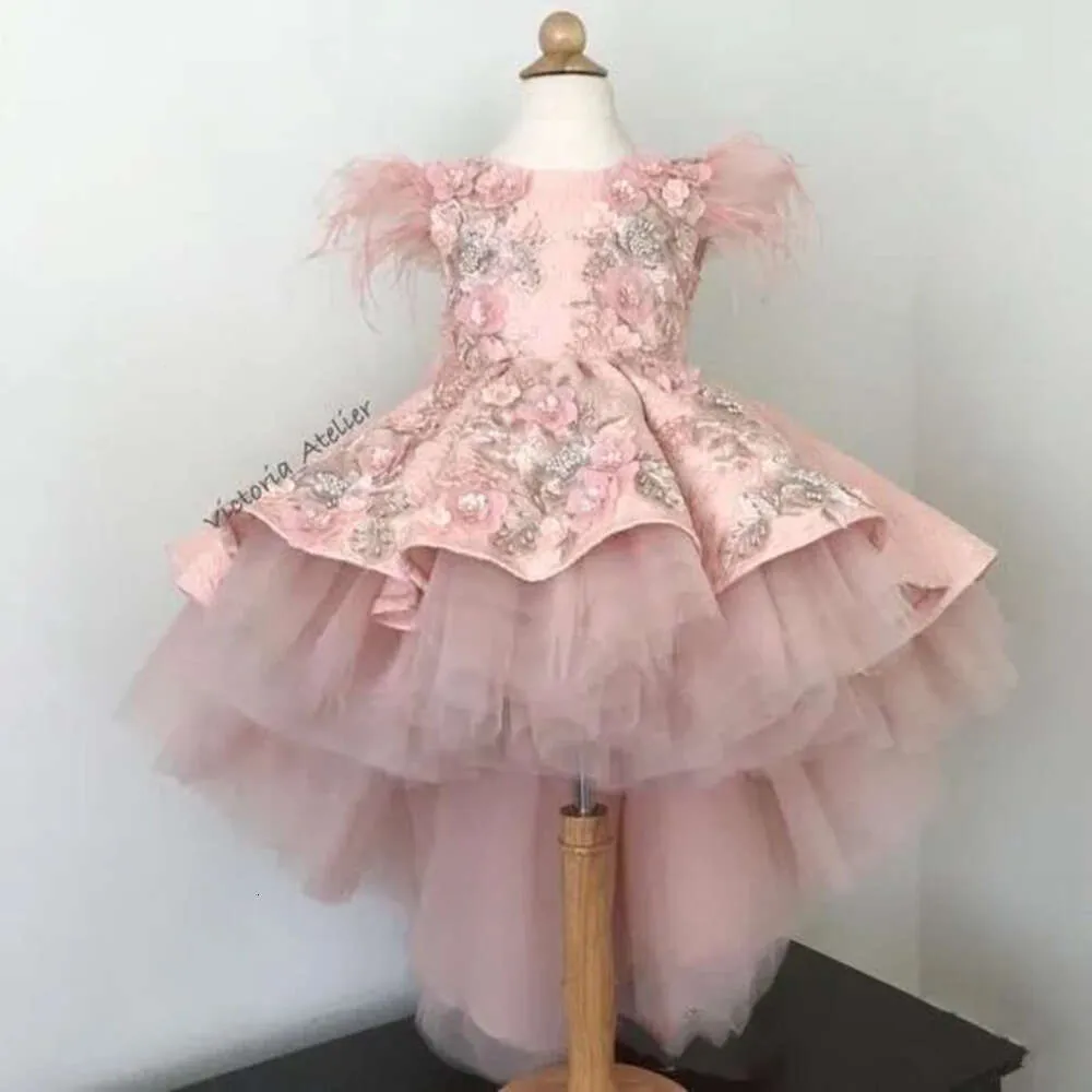 Hermoso bajo 2020 Pink Flower Feather Appliques Lace First Communion Vestidos de chicas Pageh Gown personalizado BC3399