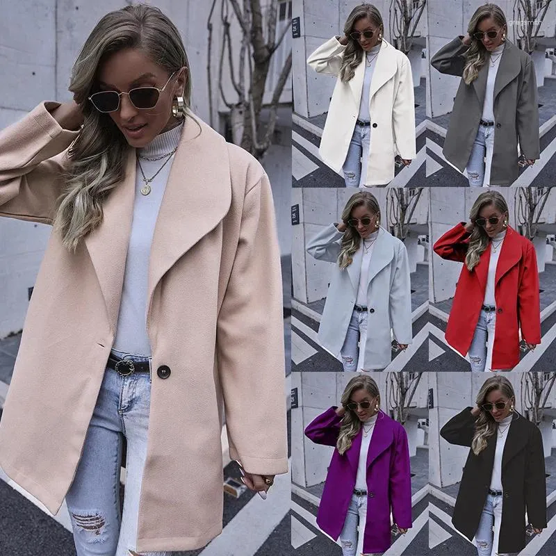 Damesjassen herfst en winter bovenkleding mode revers lapel lange wollen jas voor vrouwen losse montage één knoop kleding stevige kleur