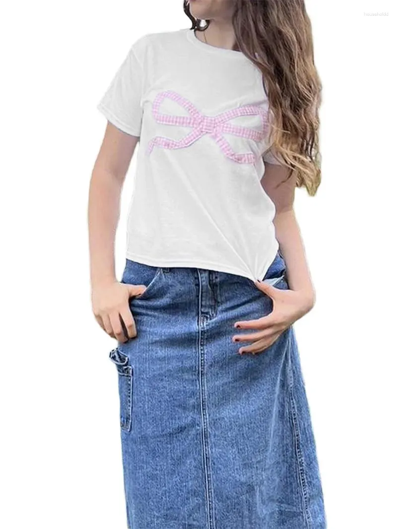 Kvinnors T-skjortor Kvinnor T-shirt Crew Neck Short Sleeve Bowknot Slim Fit Summer Tops Streetwear för Casual Daily Daily