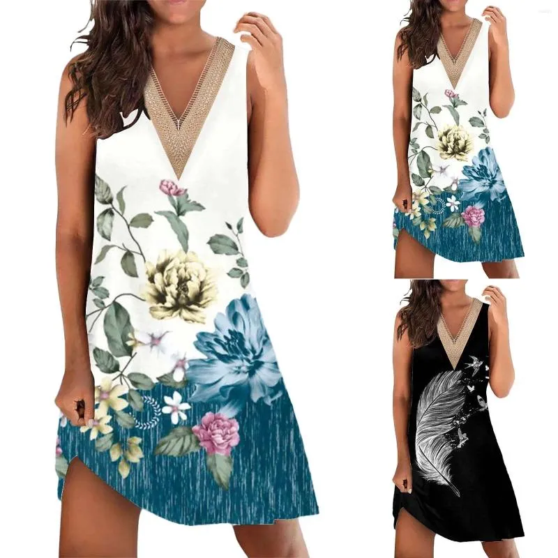 Casual jurken Floral Boho Beach Summer For Women Trendy Mouwess Lace V Neck Loose Tank Dress Elegant Ladies Holiday Party