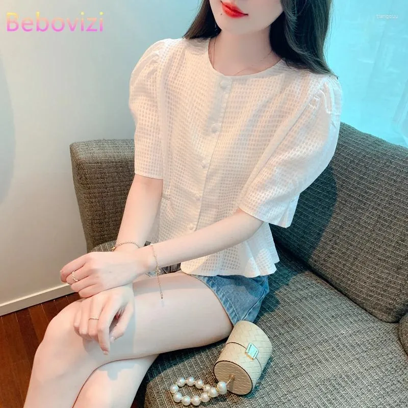 Women's Blouses 2024 Puff Sleeve White And Green Blouse Tops Summer Style Chic Beautiful Slim Waist Shirt