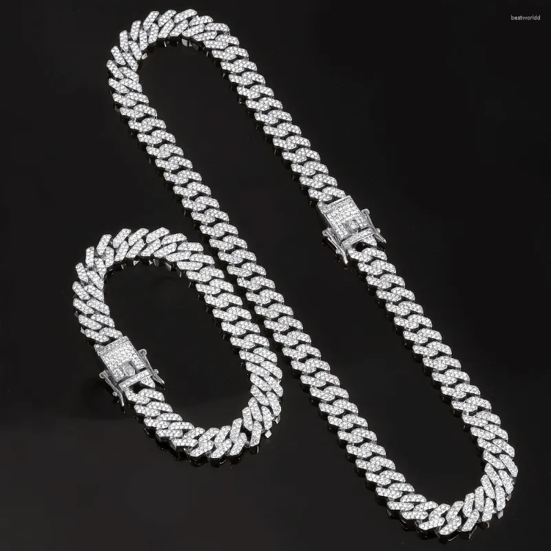 Colliers pendants 12 mm en strass Iced Out Miami Cuban Link Chain Collier For Men Bracelet Set Women Chains Hip Hop Bijoux sur le cou