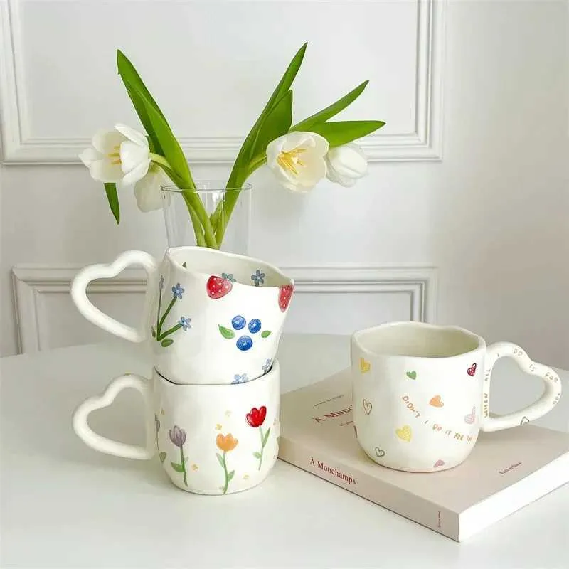 Tazas 350ml Cerámico creativo Café Caza Ins Estilo de flores pintados a mano Homalolla Homalla Irregular Copa de leche de té Desayuno Oat Copa J240428