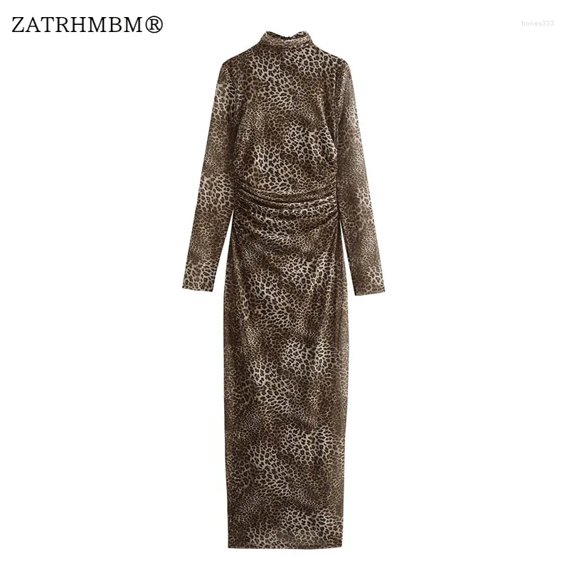 Casual Dresses ZATRHMBM Women 2024 Autumn Fashion Animal Print Tulle Dress Vintage O-Neck Long Sleeve Female Vestidos Mujer