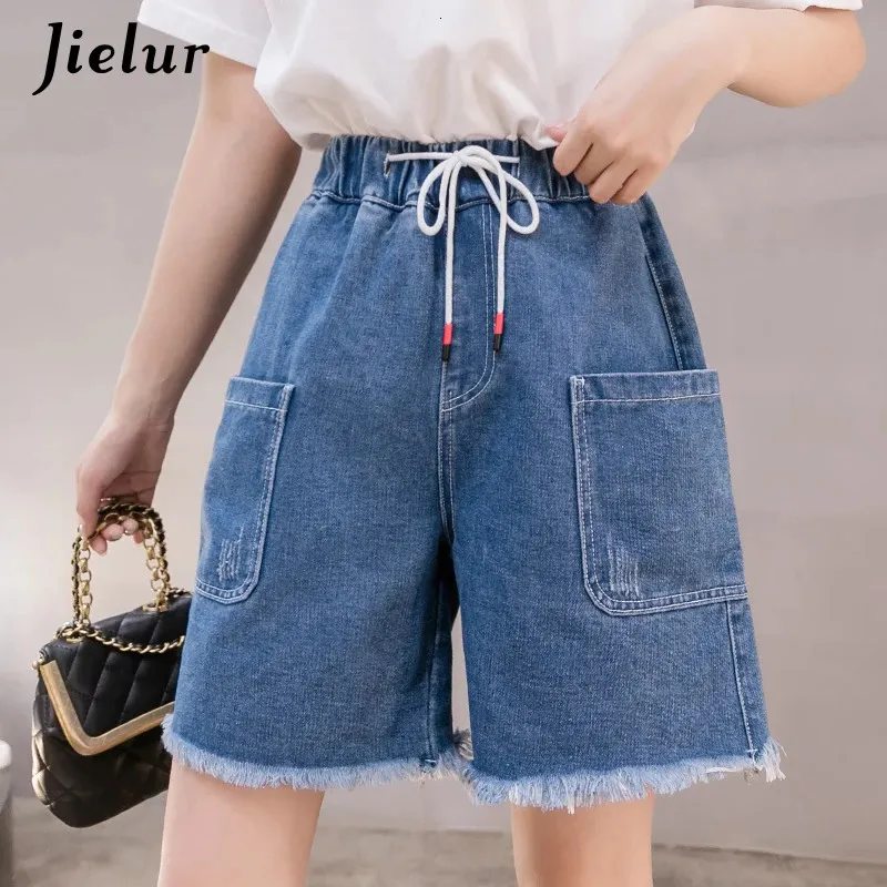 Frauen Denim Jeans Frauen Mode Vintage High Taille Blue Quaste Drawess Lose Sommer Weitbein Frauen Taschen S-5xl 240418