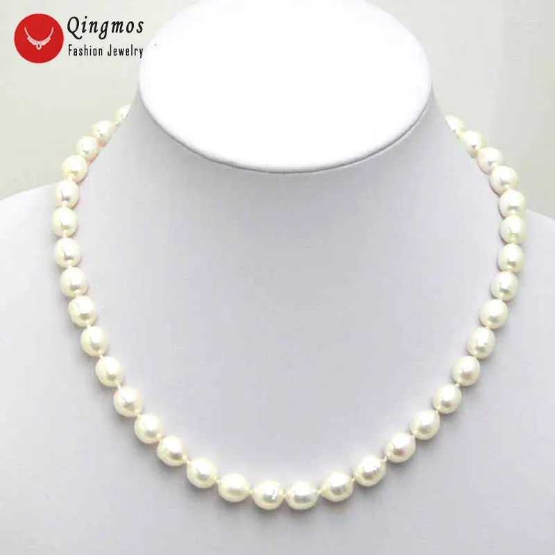 Choker Qingmos Natural Freshwater White Pearl ketting voor vrouwen met 7-8 mm rijstchokers 17 "Fine Jewelry Collier Naszyjnik 5024