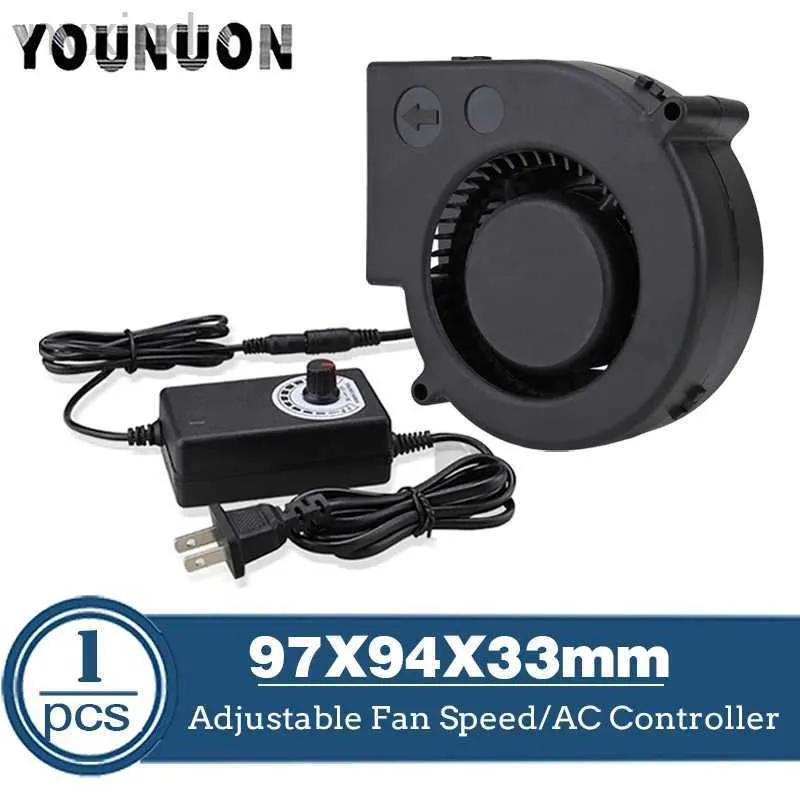 Ventiladores elétricos 97mm Turbo Blower Fan 12V DC Conector feminino 97x94x33mm Fan de resfriamento centrífugo com AC 100V 220V Adaptador de energia Velocidade ajustável D240429