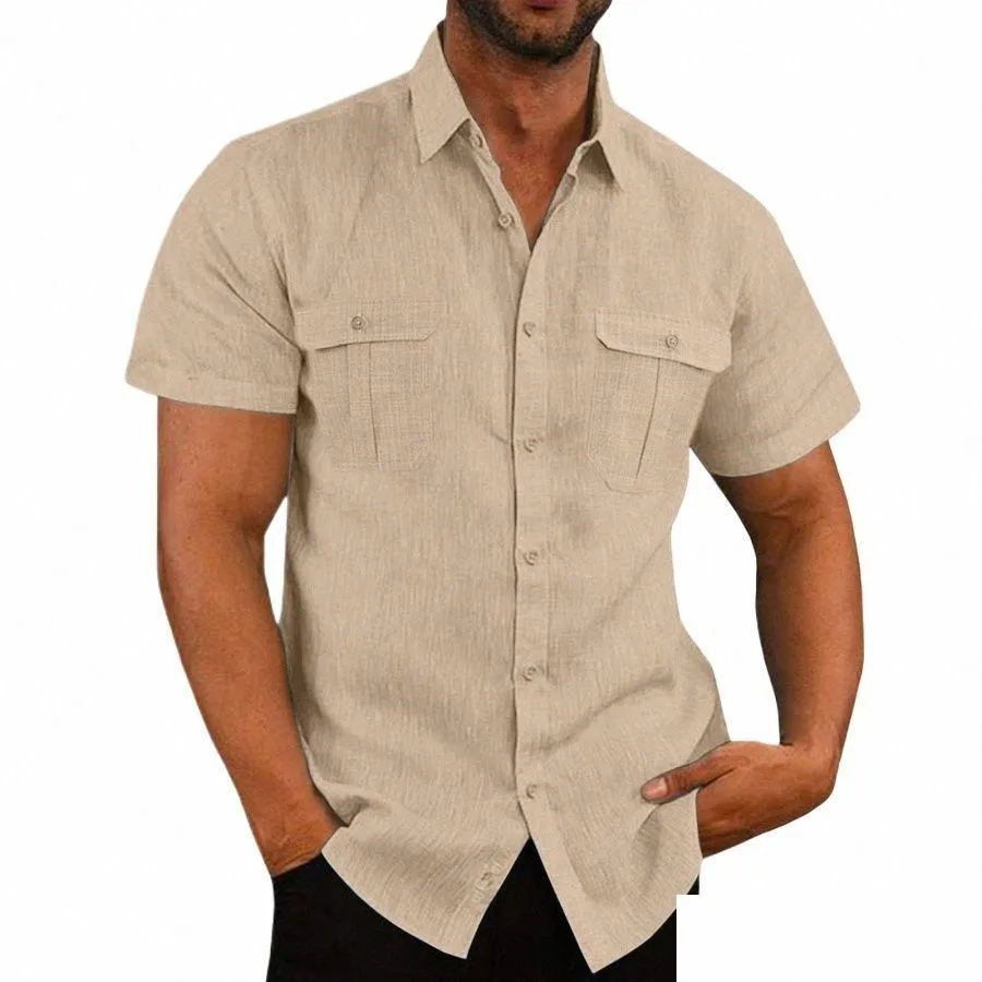 Camicie casual maschile nuovissimi di brantra di lino cott a manicotto per manshort a colori solidi camicia da colletto a giro-giri maschio traspirato 12uq dro dhho8