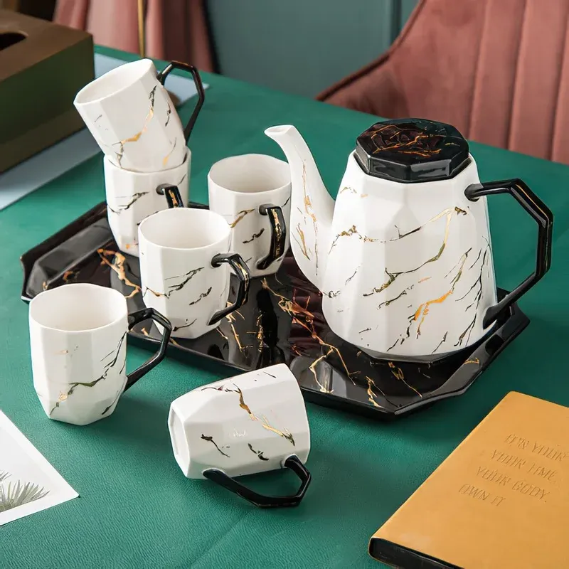 Zestawy ceramiczna kawa herbata herbata nordycka marmurowy złoty czujnik filiżanka na filiżankę tray woda dekoracja baru domowego zapasy kuchennej