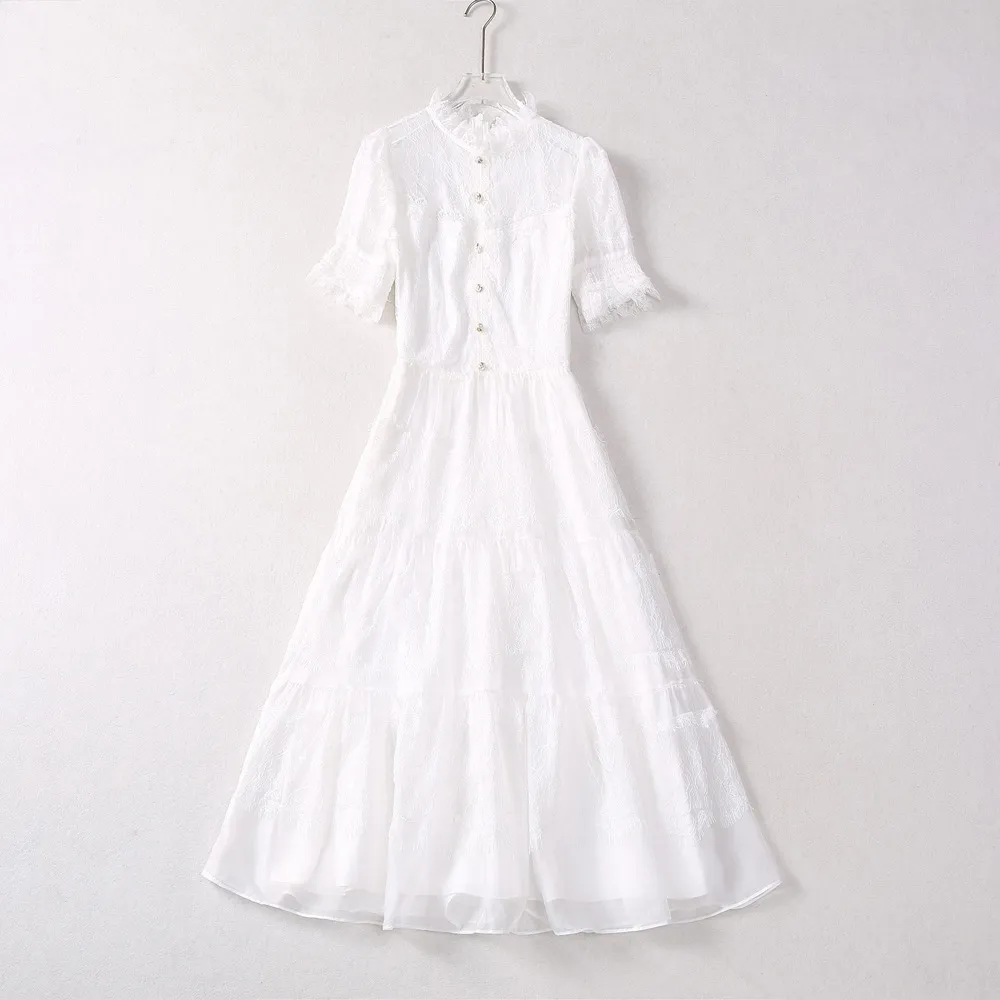 Summer White Solid Color Panelled Dress Short Sleeve Stand Collar Lace Buttons Midi Casual Dresses A4A291535