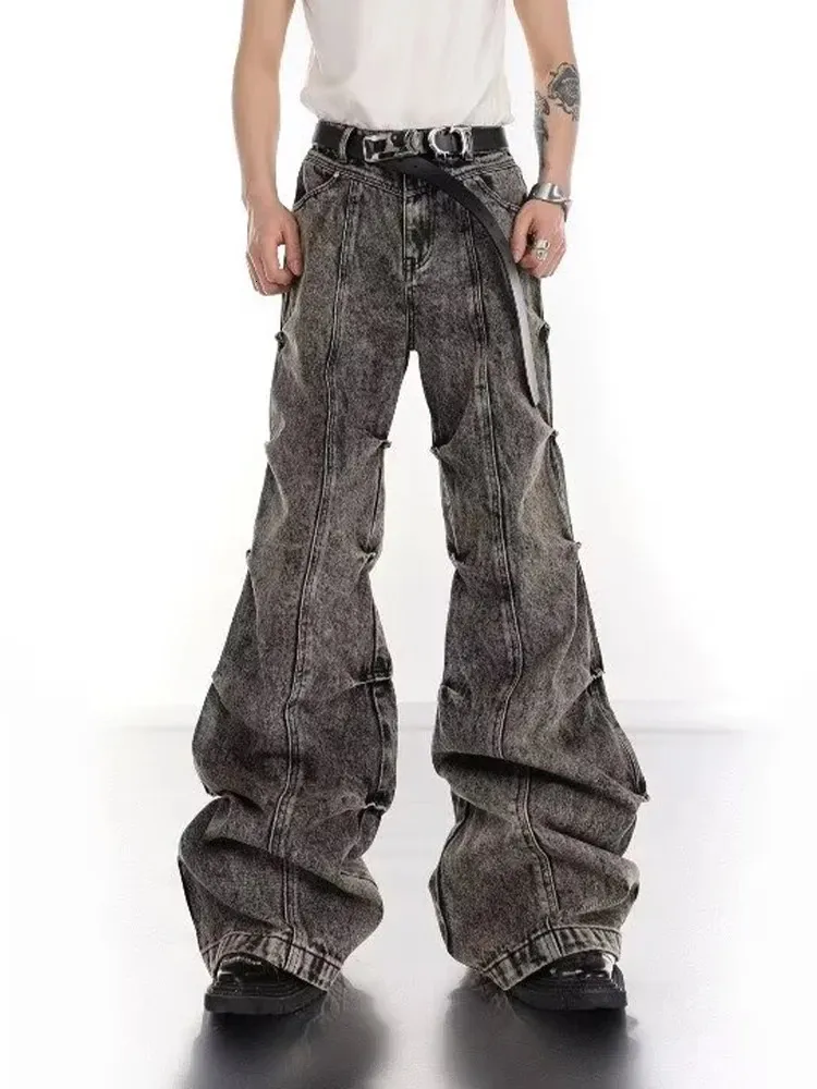 HOUZHOU Y2K Wide Leg Jeans Men Pleated Vintage Fashion Micro Flared Denim Pants High Street Bootcut Trousers Male Stack Design 240415