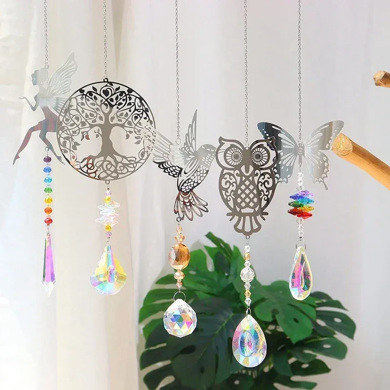 Decorações penduradas em cenas de vento de cristal apanhador de sol de fadas borboletas vitrais de vidro de vidro Sun Janela de queda de sino para decoração de jardim de quarto