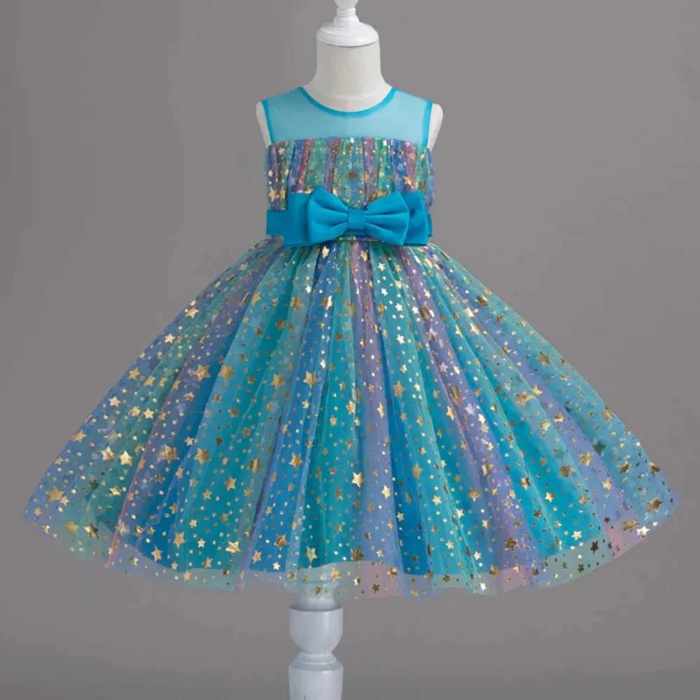 Robes de fille Girls New Sequin Mesh Sans manches sans manches coloré Jupe moelleuse Performance Performance Birthday