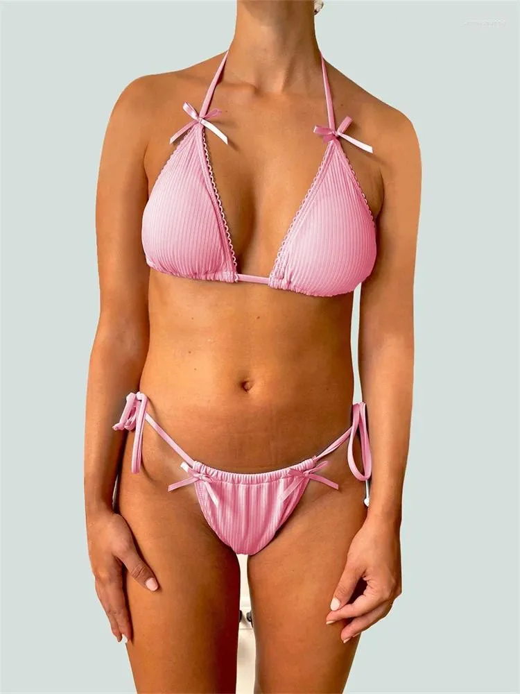 Women's Swimwear Doury Women 2 Pieces Bikinis Set Halter Tie Up Bikini Tops 3D Bow Shorts Solid Color Bathing Suit Beachwear