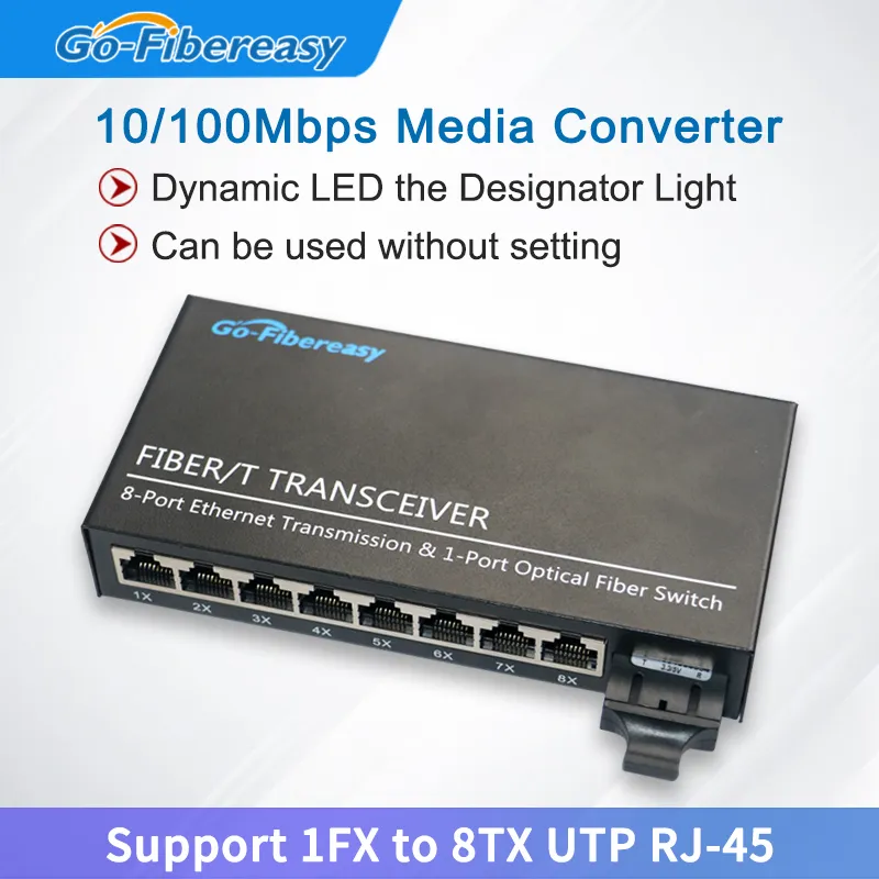 10/100m Optisk fibermediaomvandlare Singlemode Duplex SC Fiber/8-port UTP RJ45 Fiber Transceiver Media Converter Extern Powe