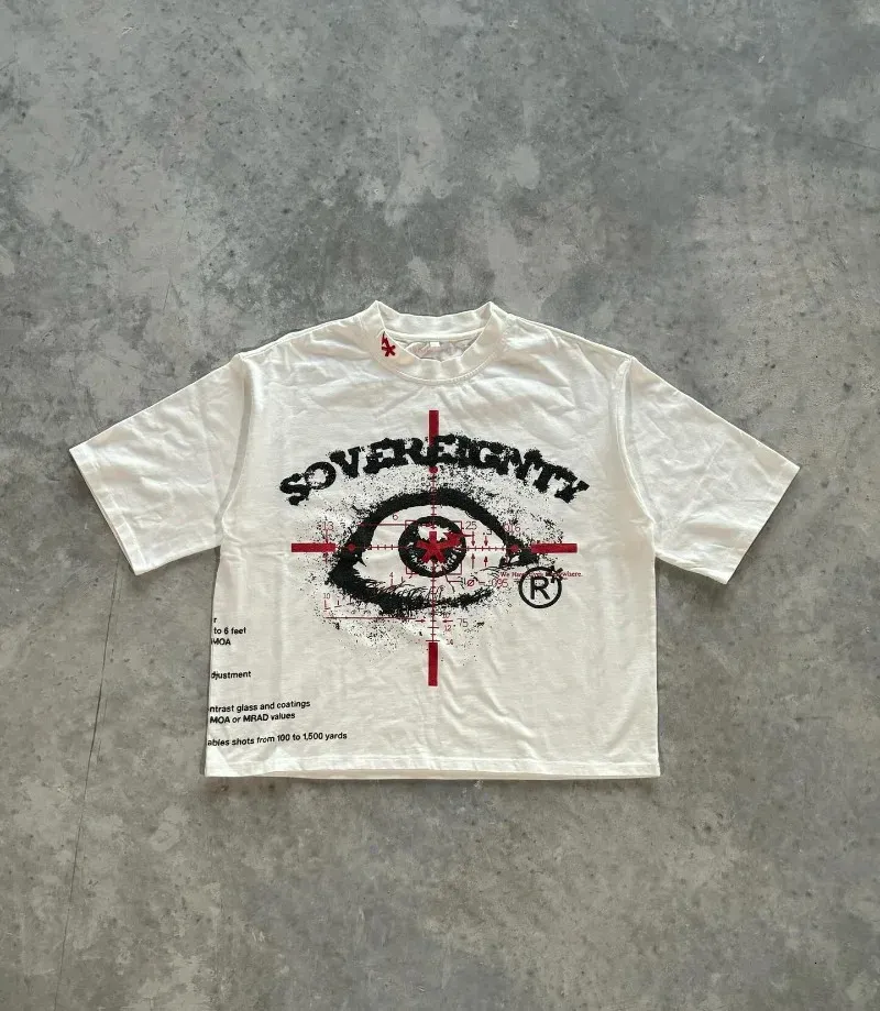 미국 트렌디 한 고딕 큰 눈 문자 인쇄 대형 티셔츠 남성 y2k 느슨한 하라주 쿠의 다목적 패션 짧은 슬리브 상단 240423