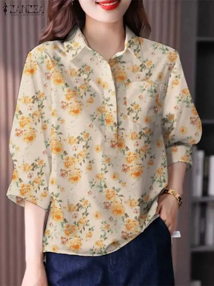Kvinnors blusar skjortor Zanzea 2024 Spring Elegant Blusas Floral Print Bohemian Casual Work Tops Party Oversize Women Lapel Neck Shirt 3/4 SLVE BLOUSE Y240426