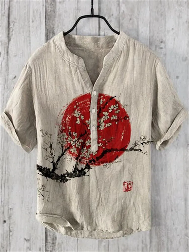 Camicie casual maschili plum blossom sunrise camicia d'arte giapponese maschile a maniche corte collare henley tops
