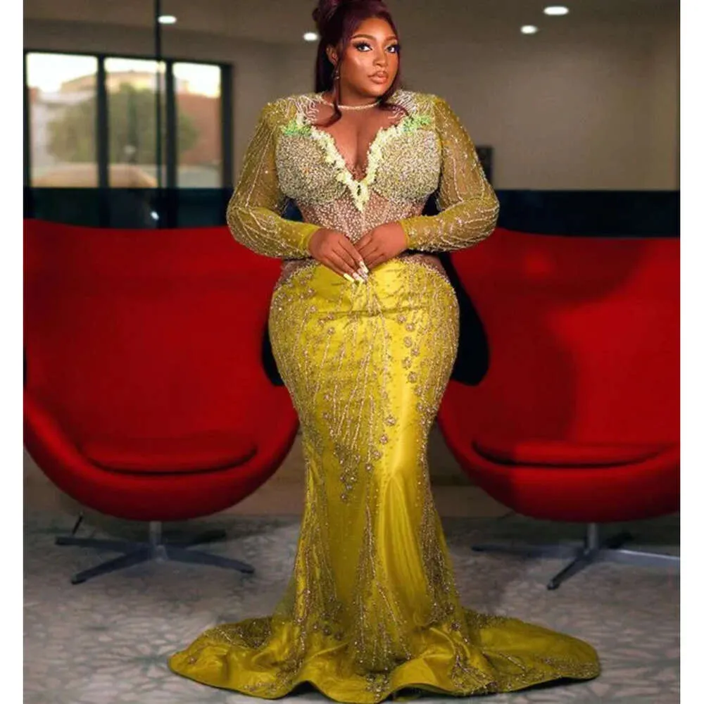 Gold May Aso Mermaid Ebi Prom Dress Beaded Sequined Lace Evening Formal Party Second Reception Birthday Engagement Gowns Dresses Robe de Soiree 0912