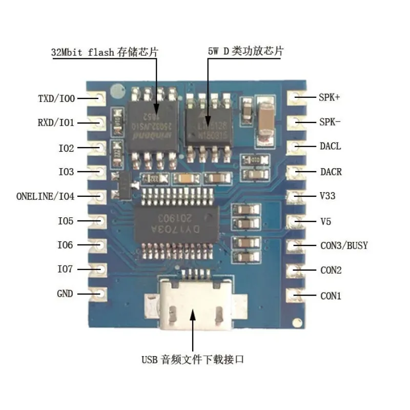 DY-SV17F Audiomodule Mini Mp3-speler IO Trigger USB Download Flash Voice Module