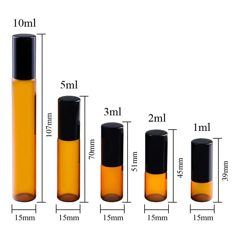 /pacote 1ml 2ml 3ml 5ml 10ml âmbar rolo de vidro fino no teste de amostra de garrafa Os frascos essenciais de óleo com rolo de metal /bola de vidro