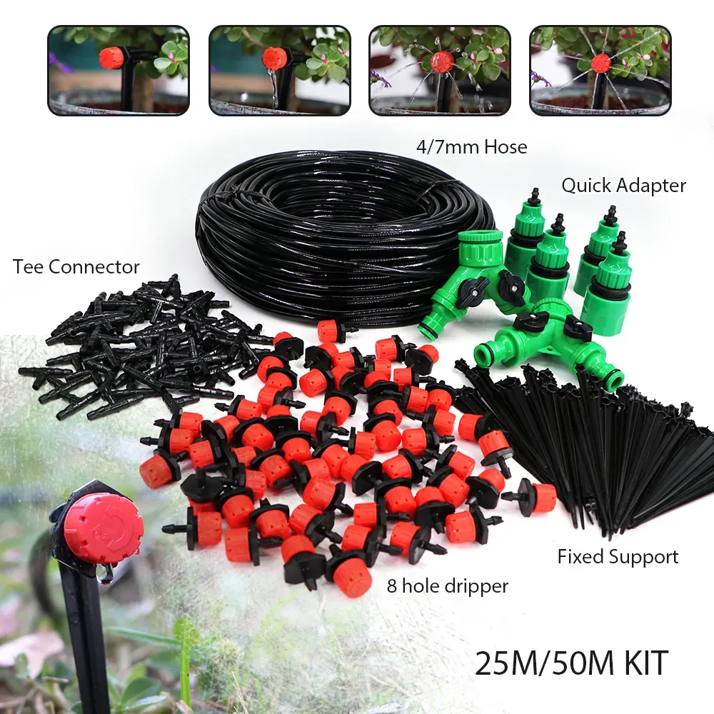 Kits 25/50m Automatische Tuin Irrigatie Watering Systeem Groenten Bloemen Druppel Kit Verstelbaar mondstuk 1/4 'PVC Slang koppelingsadapter