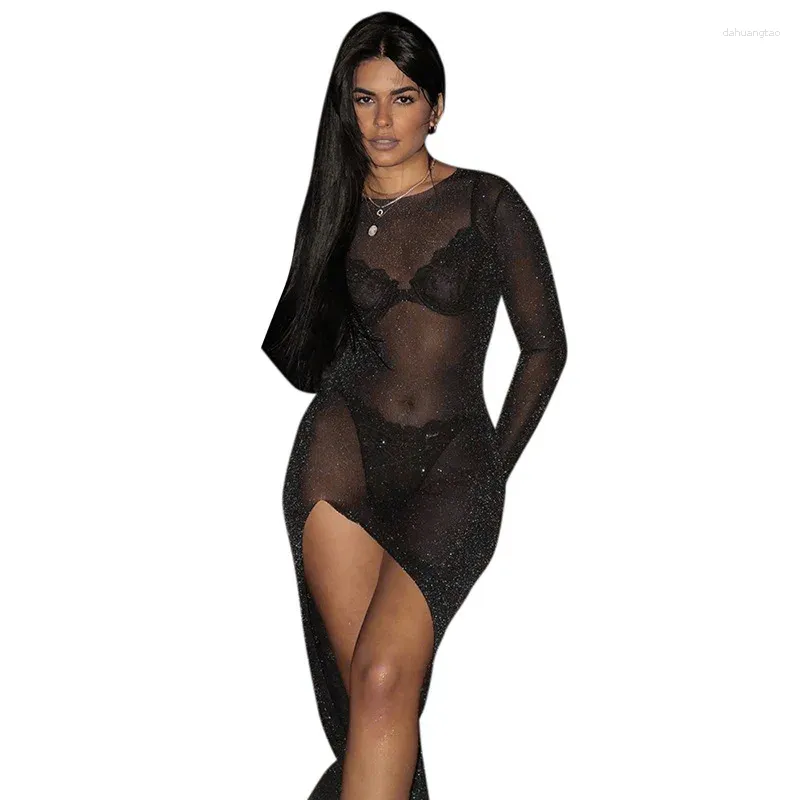 Robes décontractées noires voir à travers une robe maxi pour femmes manches longues o couvures de cou high splits sexy de nuit de nuit de porte