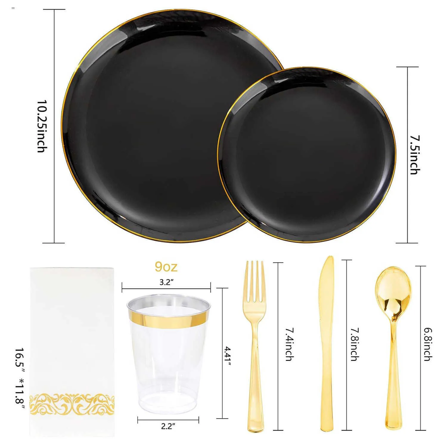 STACKABLES ~ Pack Of 20 Hard Plastic Plates ~ 9″ Elegant Dinner Plates Lightweight Reusable Plastic Serving Plates Black With Gold Design Party Dinnerware Plate Set