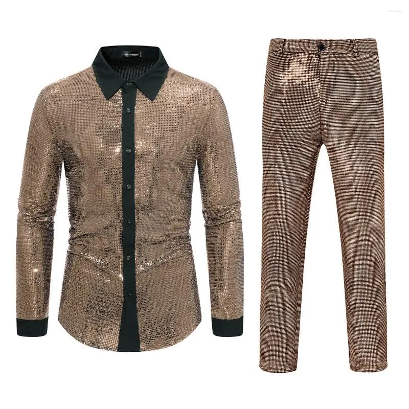 Herrspårar Mens Shiny Gold Metallic Sequins 2 Pieces Suit Set (Shirt Pants) Nightclub 70s Disco Party Halloween Costume Chemise Homme