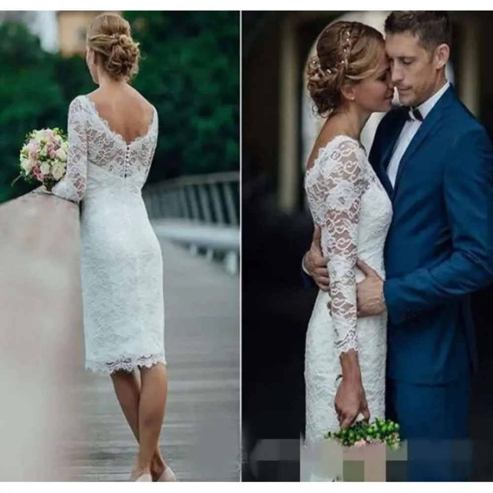 Syrena elegancka koronkowa sukienki kolanowe długie rękawy długość tylna tył vintage country ślub ślubna suknia ślubna vestido de novia