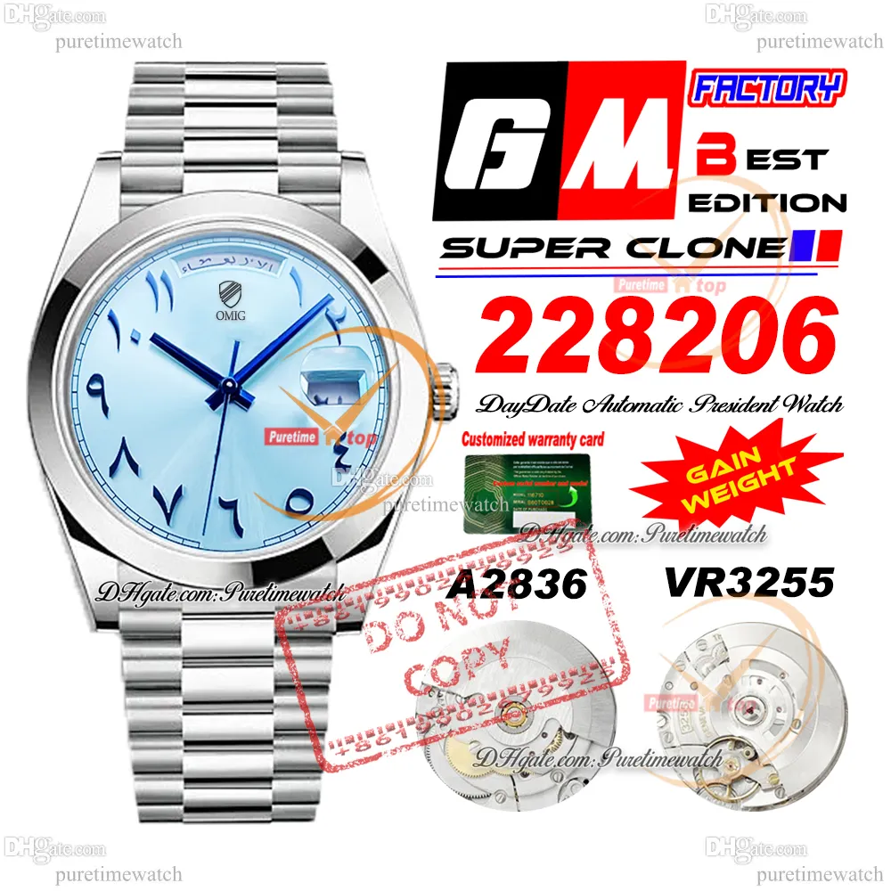 228206 Daydate A2836 VR3255 Automatyczne męskie zegarek GMF V3 Ice Blue Arabic Dial 904L Prezydent Prezydent Bransoletka Super Edition Ta sama karta seryjna Przybiera wagę Pureteim Ptrx F2