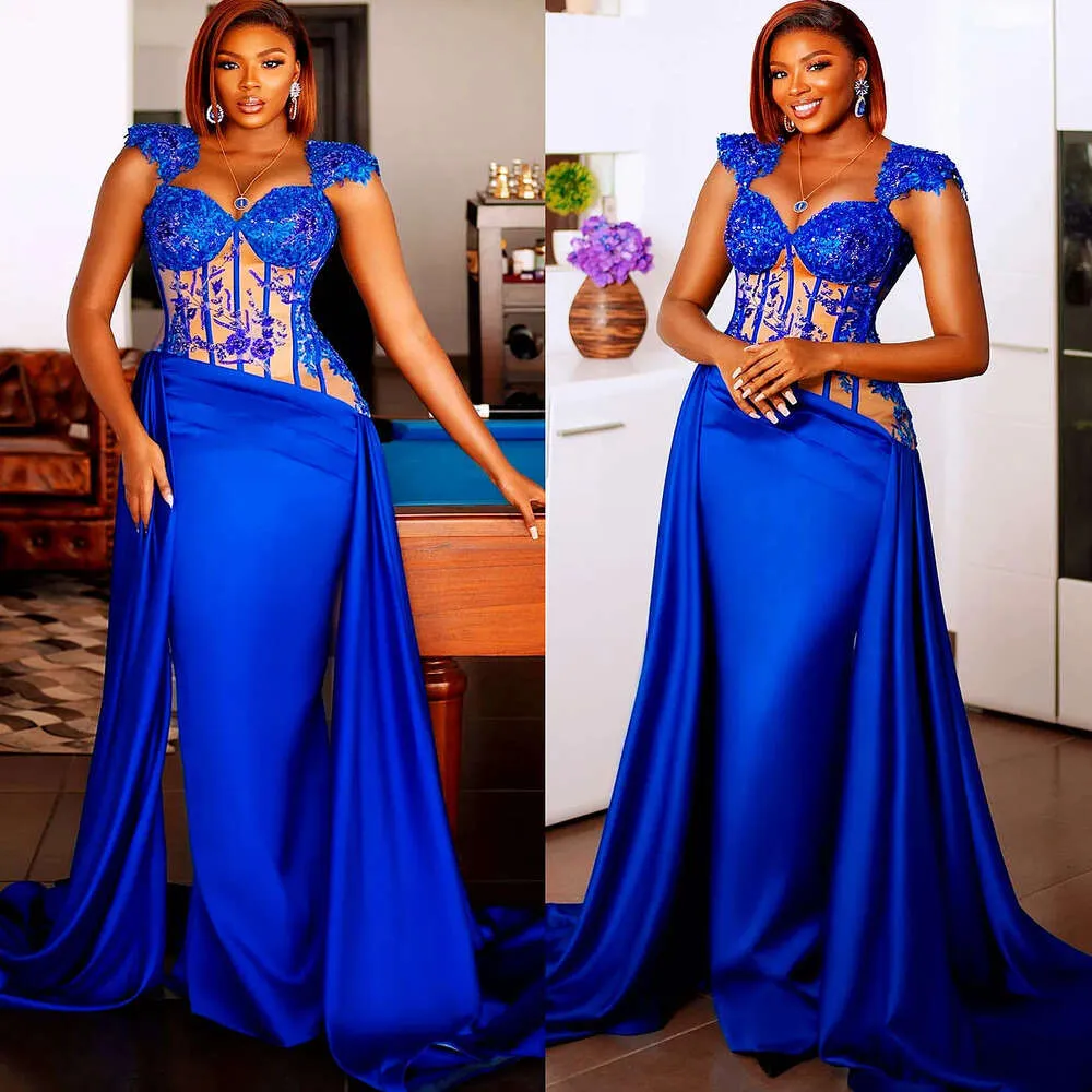 Aso Ebi Blue 2024 Royal Mermaid Prom Dress Lace Beaded Satin Evening Formal Party Second Reception 50Th Birthday Engagement Gowns Dresses Robe De Soiree Zj14 es