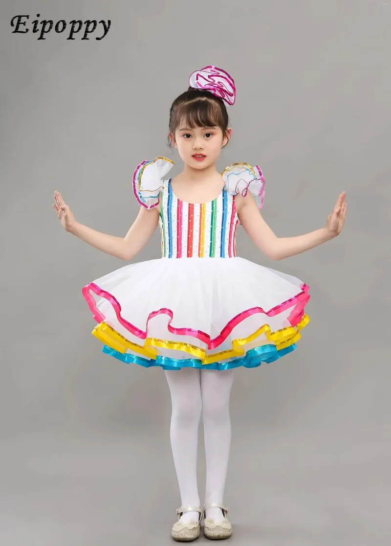 Bühnenbekleidung Prinzessin Rock Fluffy Performance Kleid süßer Kinder tanzt sieben Regenbogen