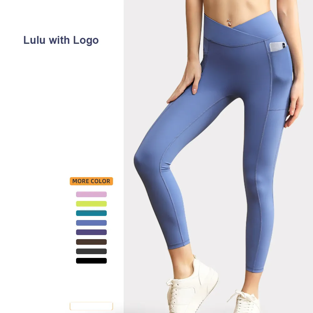 2024 Summer Nylon Yoga Pants Workout Gym Leggings Women Push Up Tights Pockets Ankle-Length Pants For Fitness Crossed Midjeband Gratis frakt
