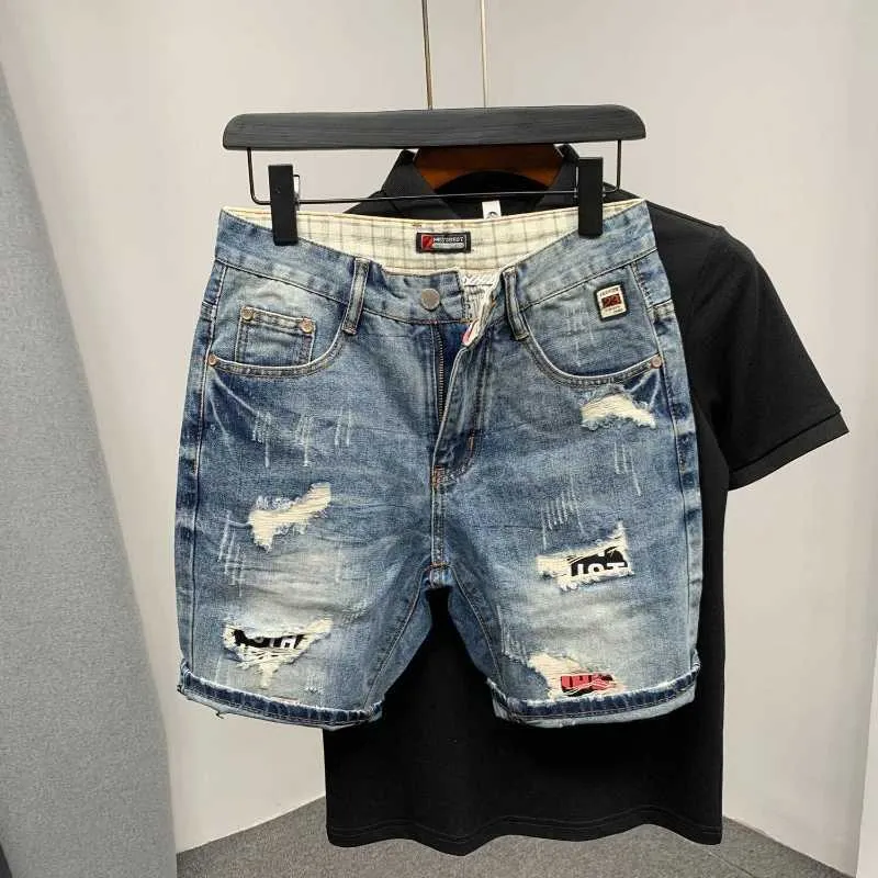 Heren shorts gescheurd rechte mannelijke denim shorts grafische multi color sale Koreaanse modeheren korte jeans broek originele trend 2023 luxe gesneden J240429